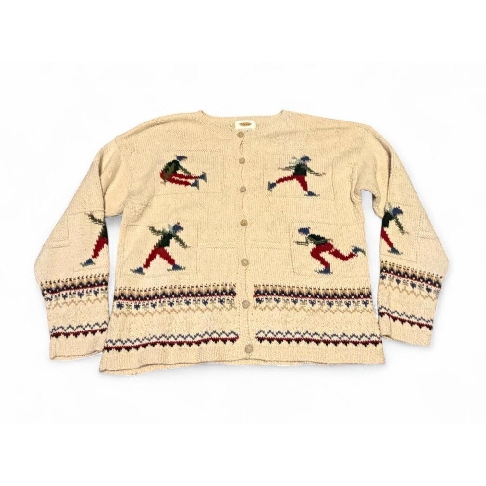 Talbots Women's M Hand Knit Cardigan Sweater Ice Skating Winter Fair Isle Cotton